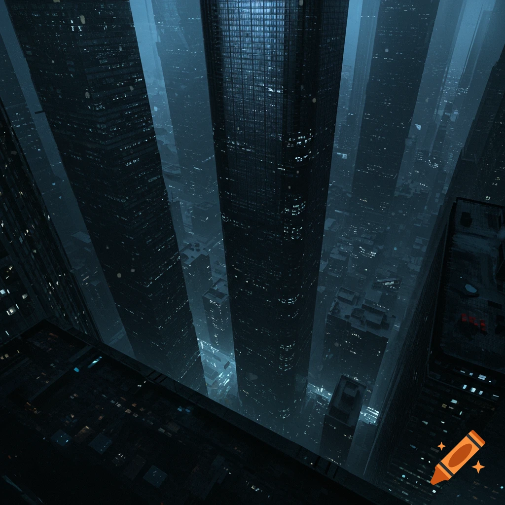 Dark, foggy cityscape looking down at tall skyscrapers with lit windows.