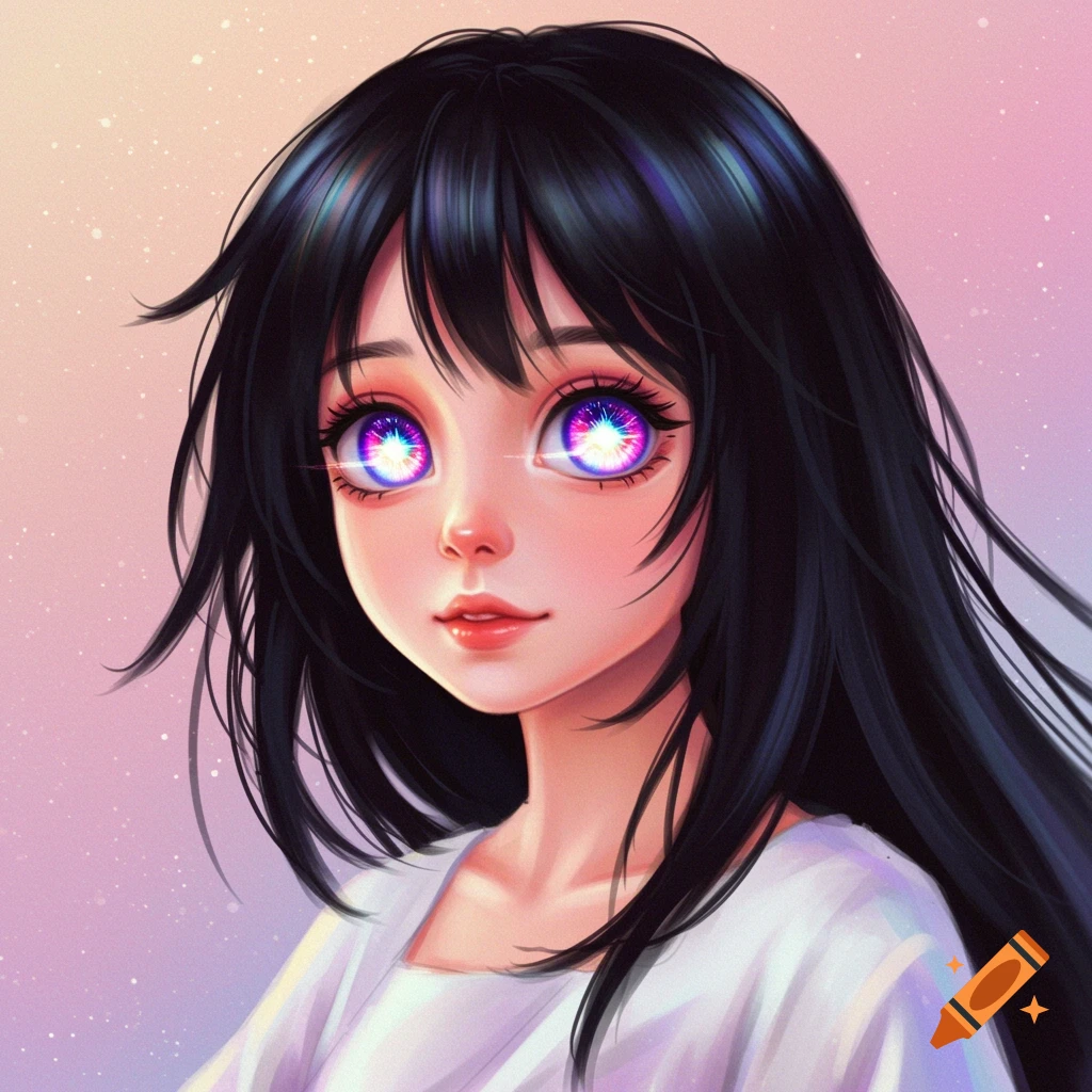A young girl with long black hair and glowing rainbow eyes.