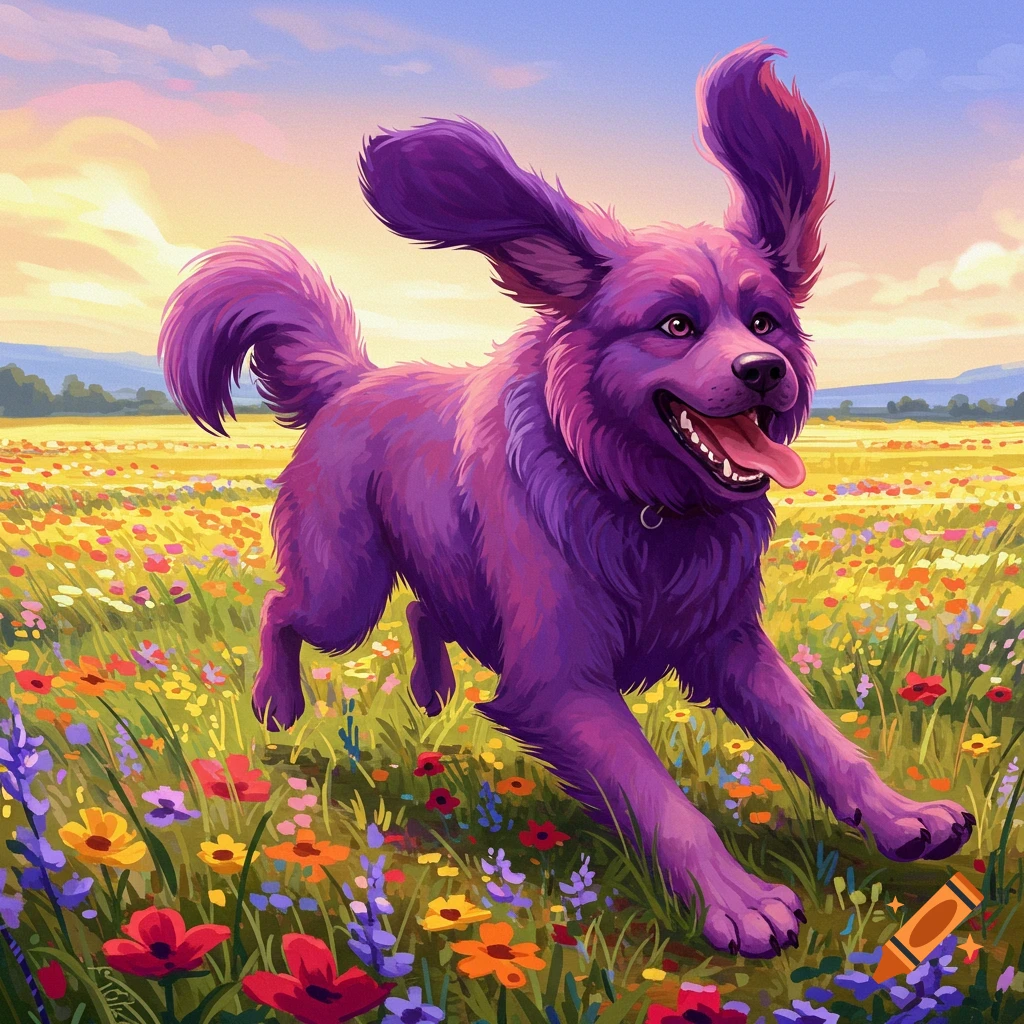 A purple dog running through a field of flowers.