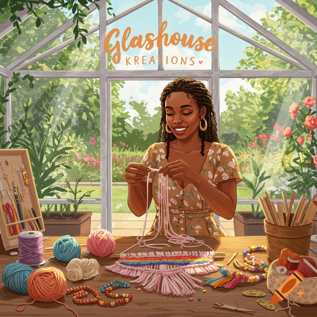 A woman crafting macrame in a sunny greenhouse.