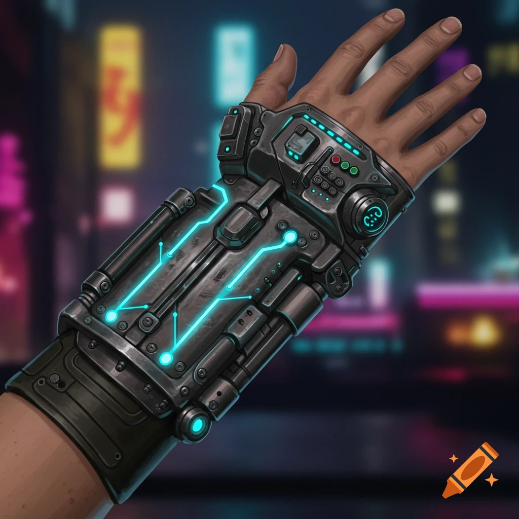 Hand wearing a futuristic metal gauntlet with glowing blue circuits, cyberpunk background.