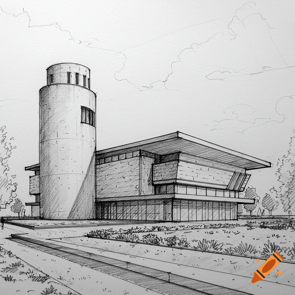 Pencil sketch of a modern building with a cylindrical tower and slanted roof, surrounded by landscaping.