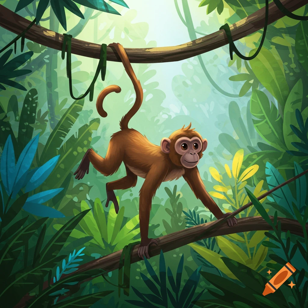A monkey swinging on a vine in a vibrant jungle