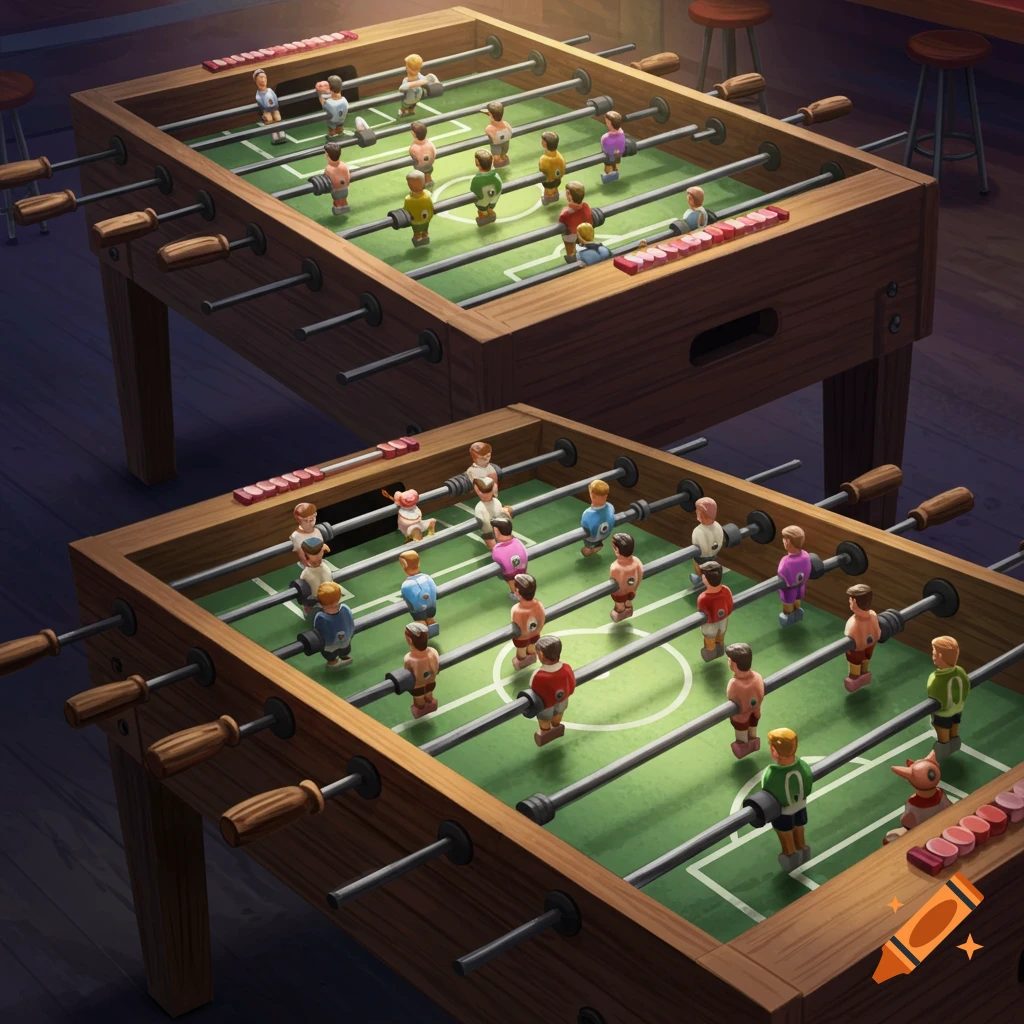 Two foosball tables with colorful players