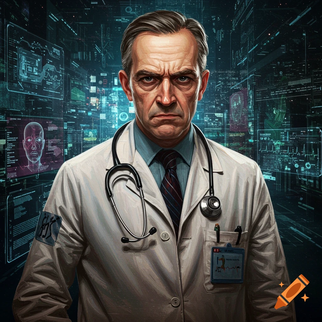 A serious doctor with a stethoscope against a background of futuristic holographic screens.