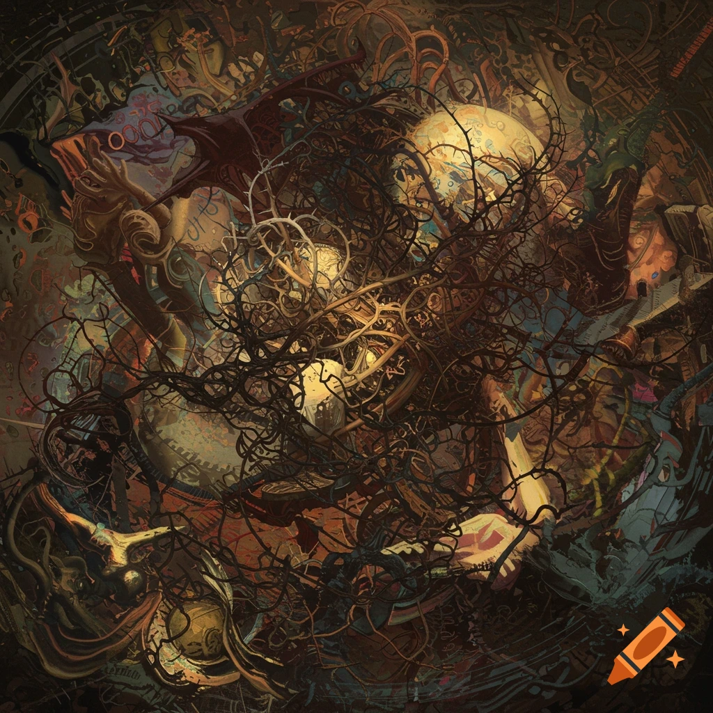 Chaotic image of tangled branches, thorns, and glowing spheres in dark tones