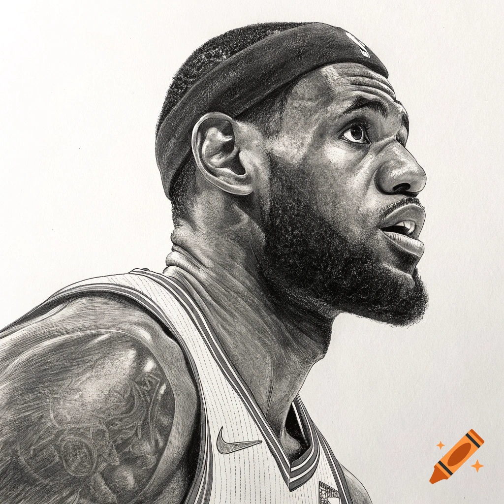 Detailed pencil drawing portrait of basketball player LeBron James looking up.
