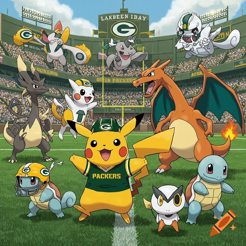 Pokemon characters in Green Bay Packers football uniforms standing on a football field.