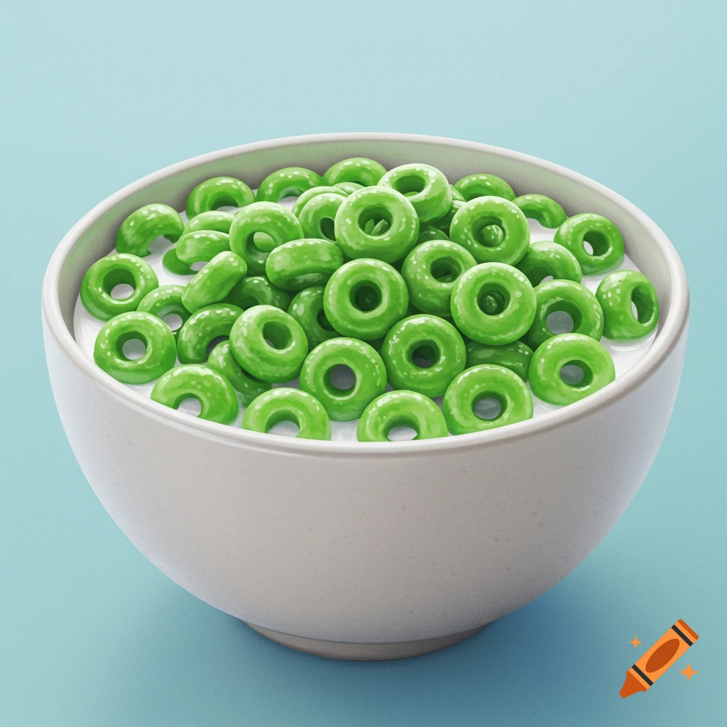 A white bowl filled with green ring-shaped cereal in milk.