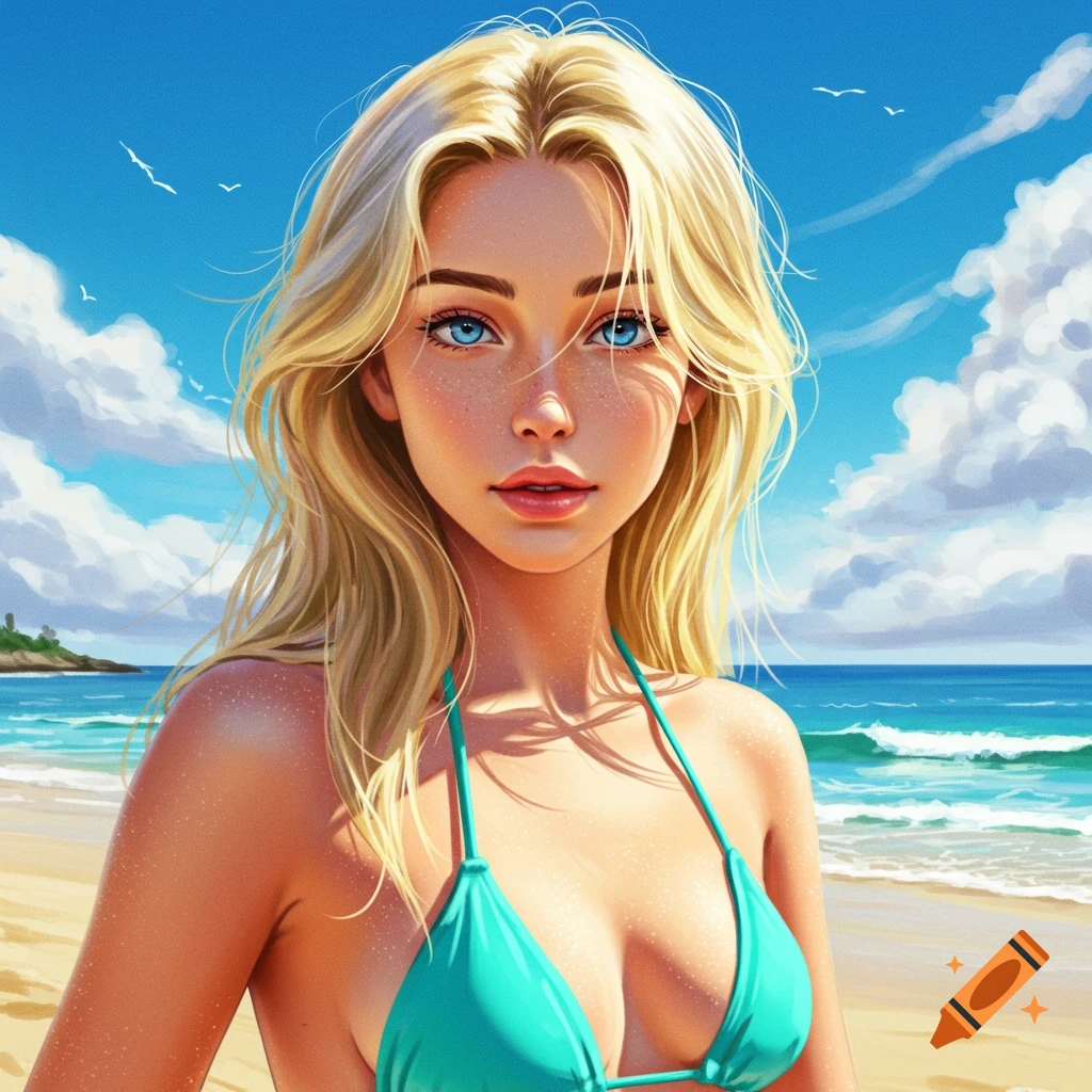A blonde woman in a bikini on a beach.