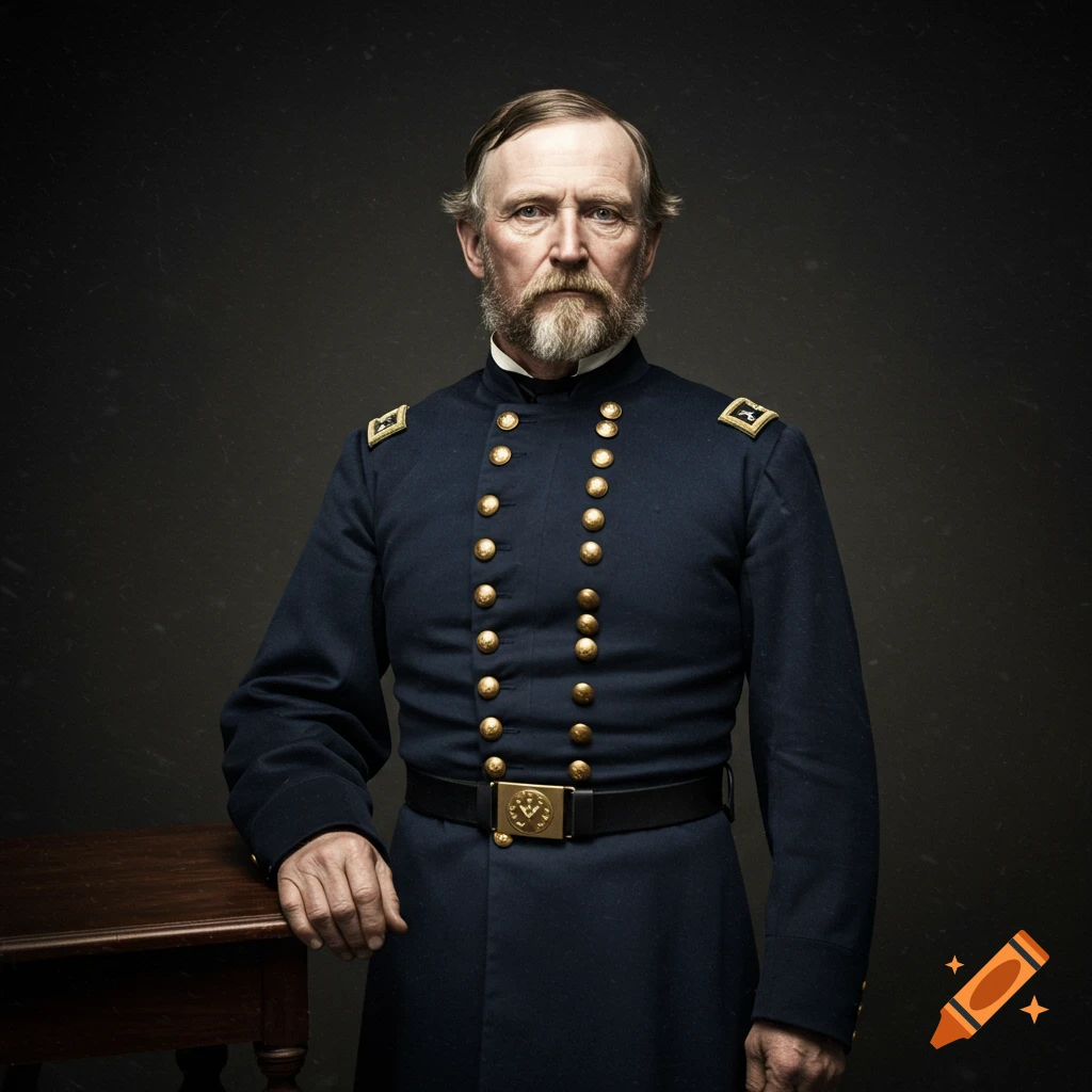 Portrait of a Civil War Union general in uniform standing by a table.