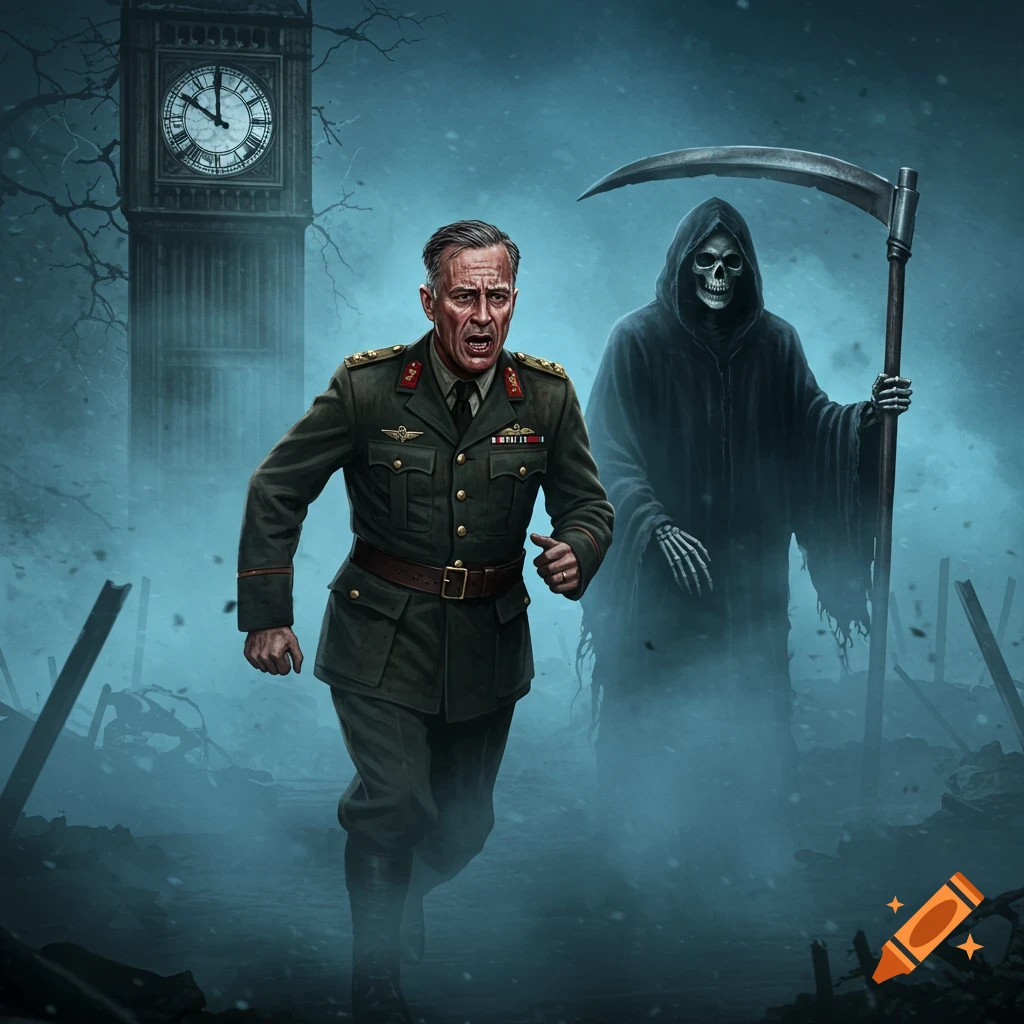A military general runs from the Grim Reaper in a foggy, war-torn city with a clock tower.