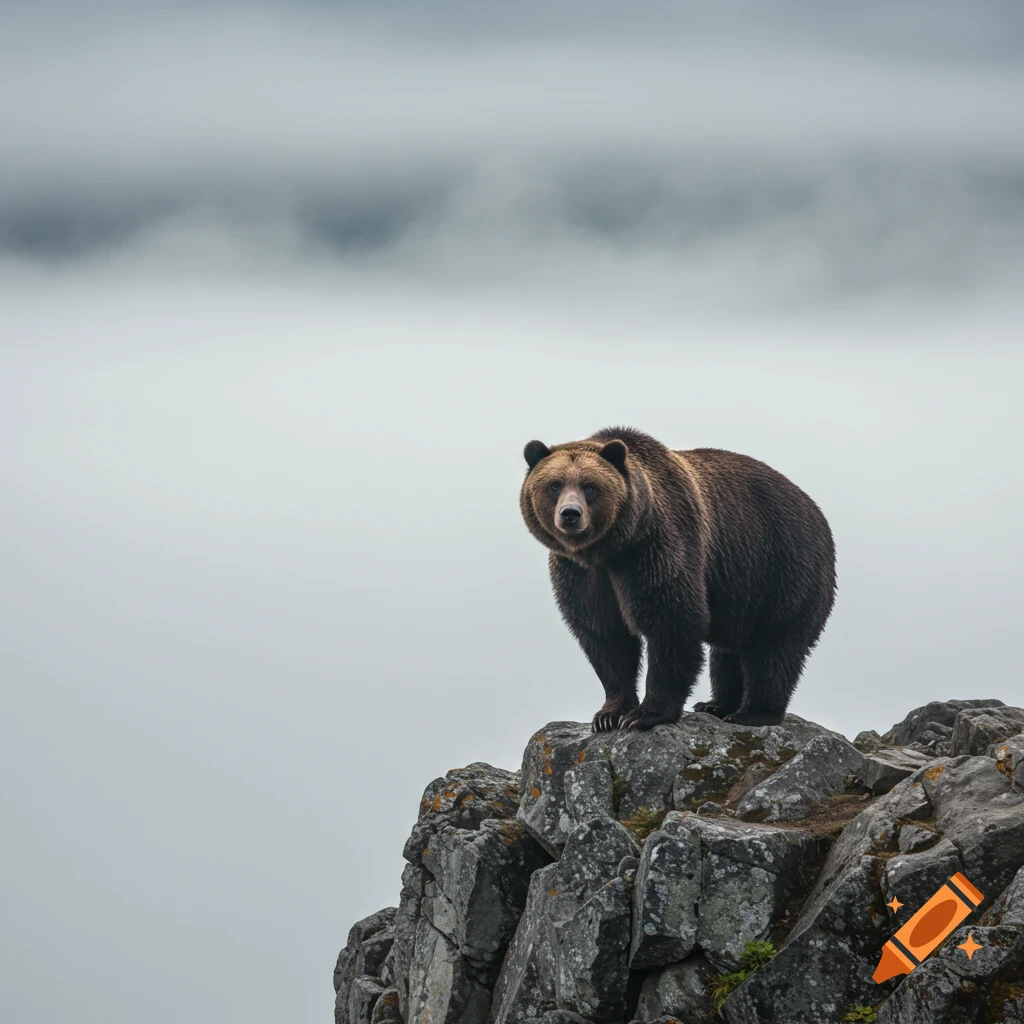 A grizzly bear stands on a rocky cliff overlooking a foggy landscape, looking directly at the camera. Photorealistic.