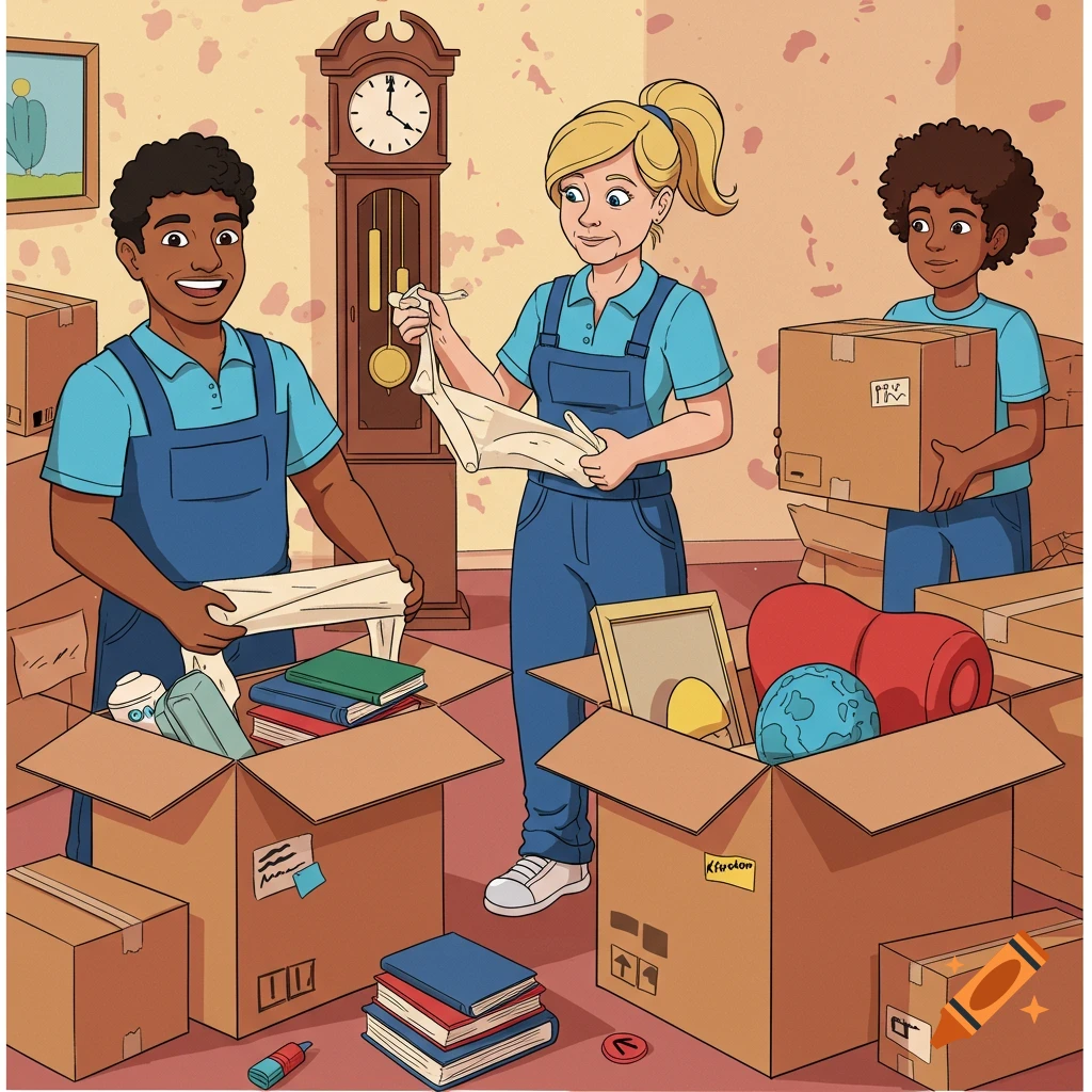 Three people packing boxes during a move.