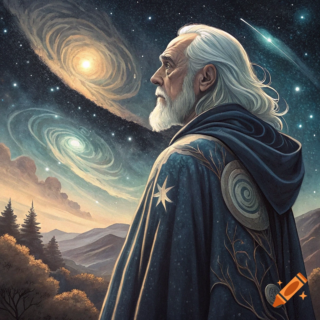 An old man with a beard and cloak looks up at spiral galaxies in a starry night sky above a landscape.