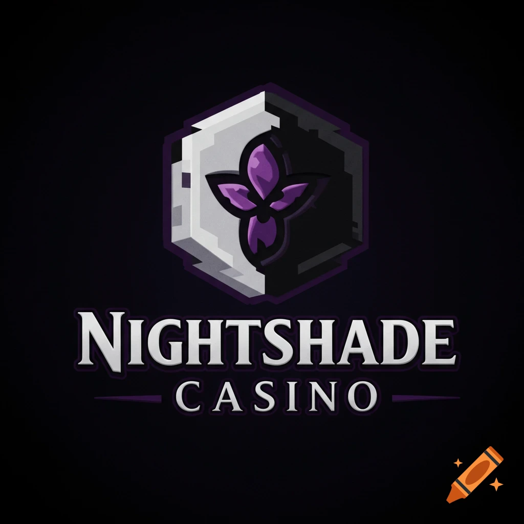 Logo in a Minecraft style for Nightshade Casino, featuring a purple flower emblem inside a split black and white hexagon.