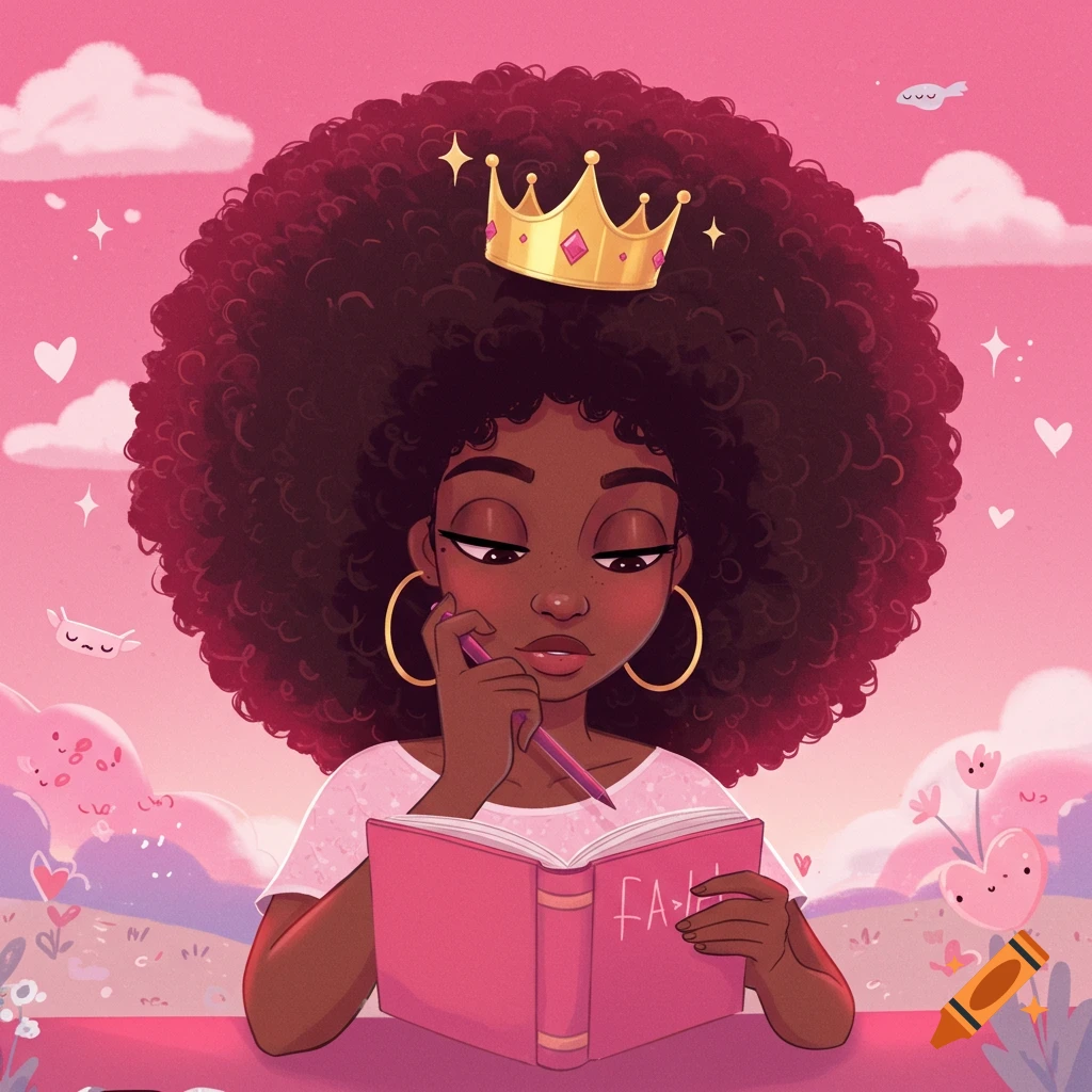 Cartoon portrait of a black girl with afro, crown, and hoop earrings, reading a pink book against a pink sky.
