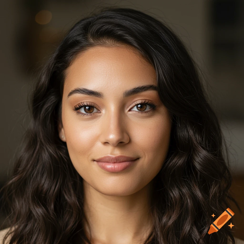 Photo-realistic portrait of a young woman with long, wavy dark hair and light brown eyes, smiling slightly.