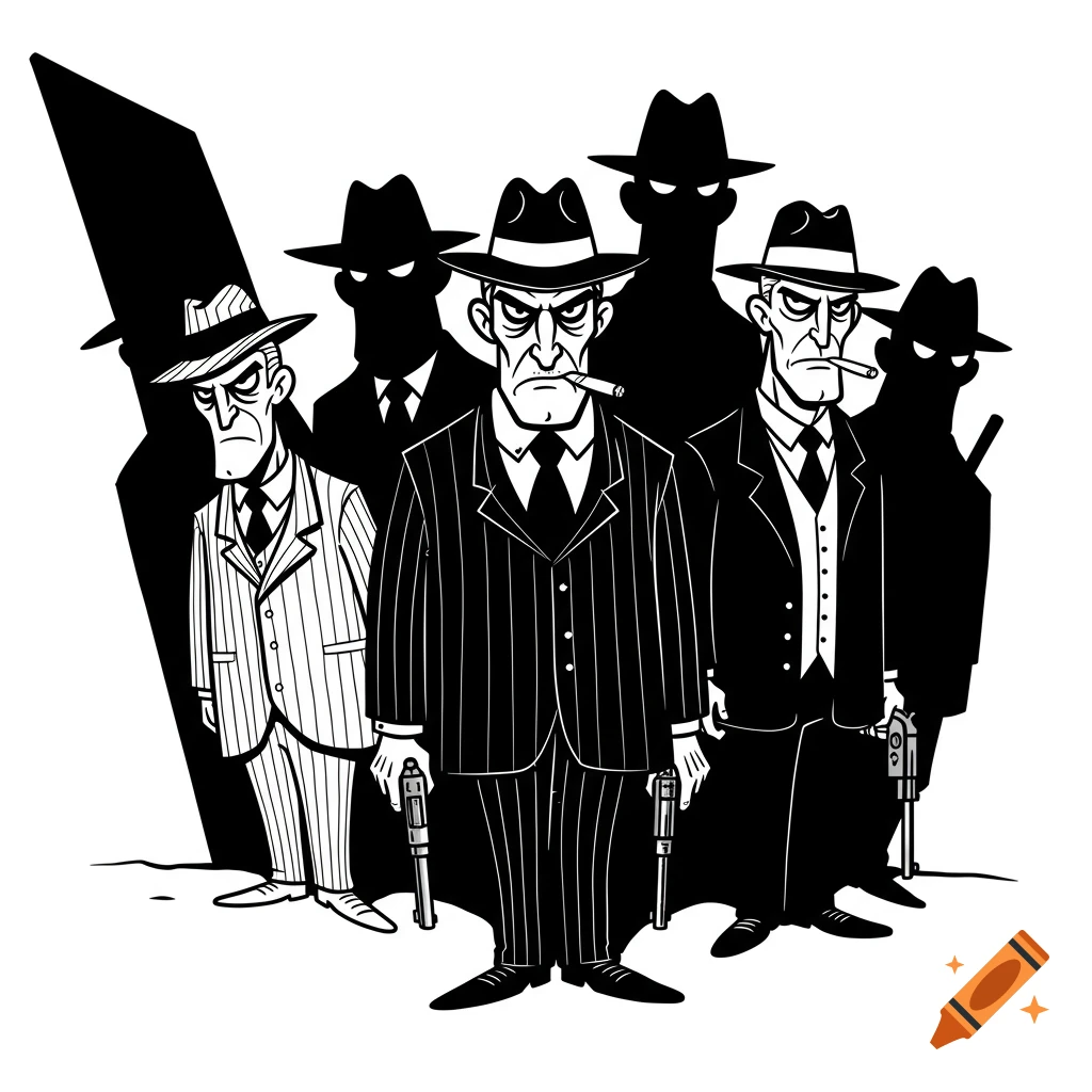 Cartoon illustration of several gangsters in fedoras and suits holding guns in black and white.
