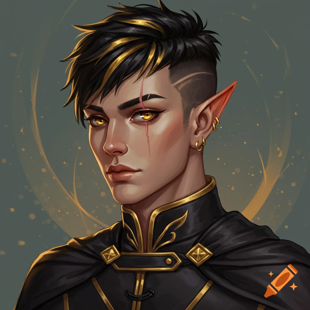 A portrait of a young elf man with short black hair with gold strands, a scar over his eye, gold eyes, and gold earrings, wearing a black and gold cape.