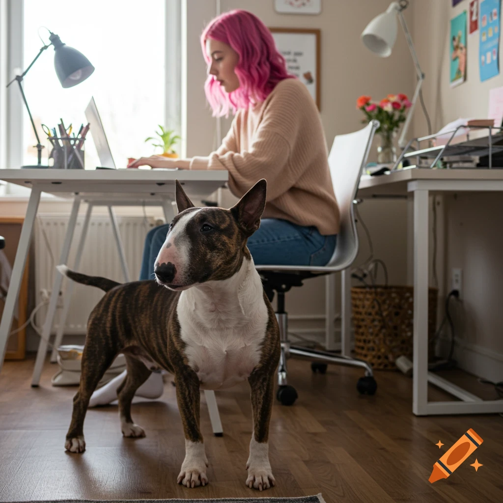A brindle and white Bull Terrier stands in a home office where a woman with pink hair works on a laptop at a desk.
