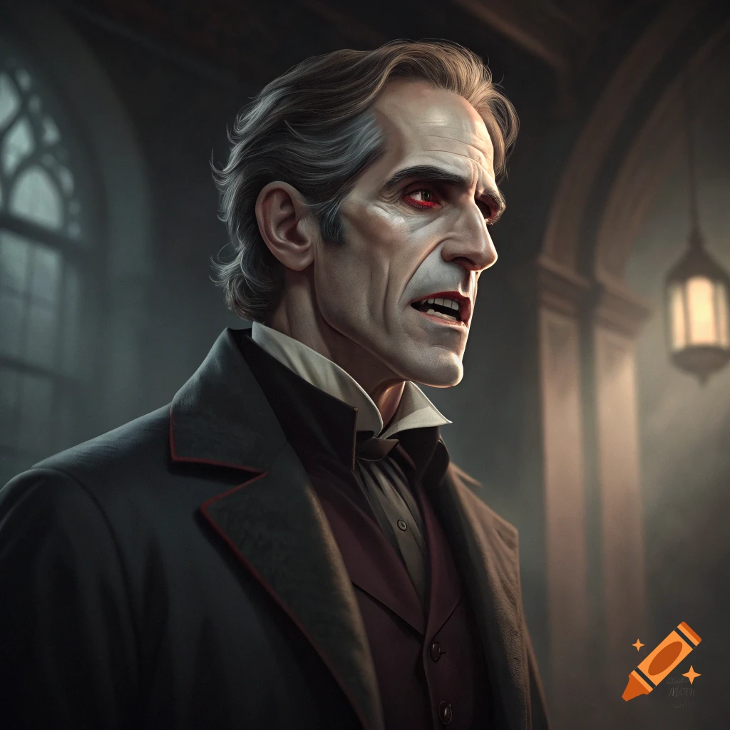 A close-up portrait of a man resembling a vampire in gothic clothing with red eyes, in a dark, atmospheric setting.