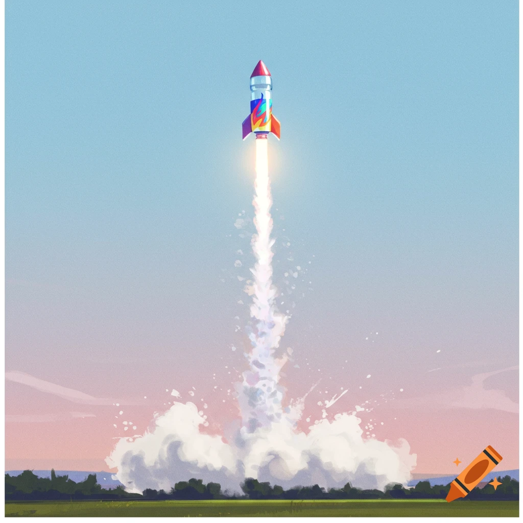 Colorful rocket launches into the sky from a field.