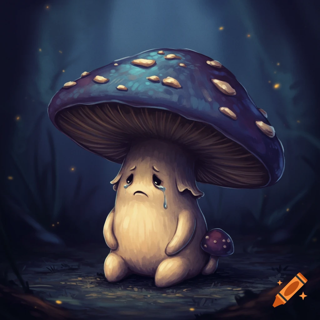 A sad mushroom character sitting in a dark forest.