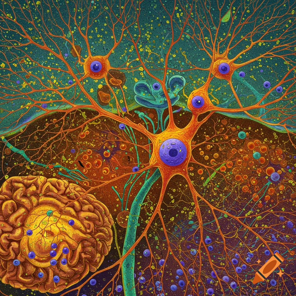 Stylized illustration depicting interconnected neurons and brain matter.