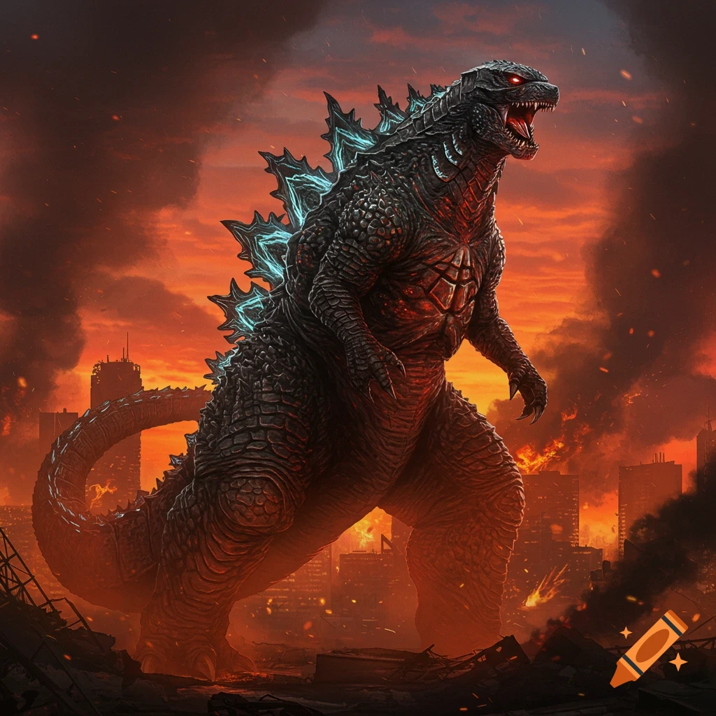 Godzilla stands roaring in a destroyed city under a fiery orange sky.