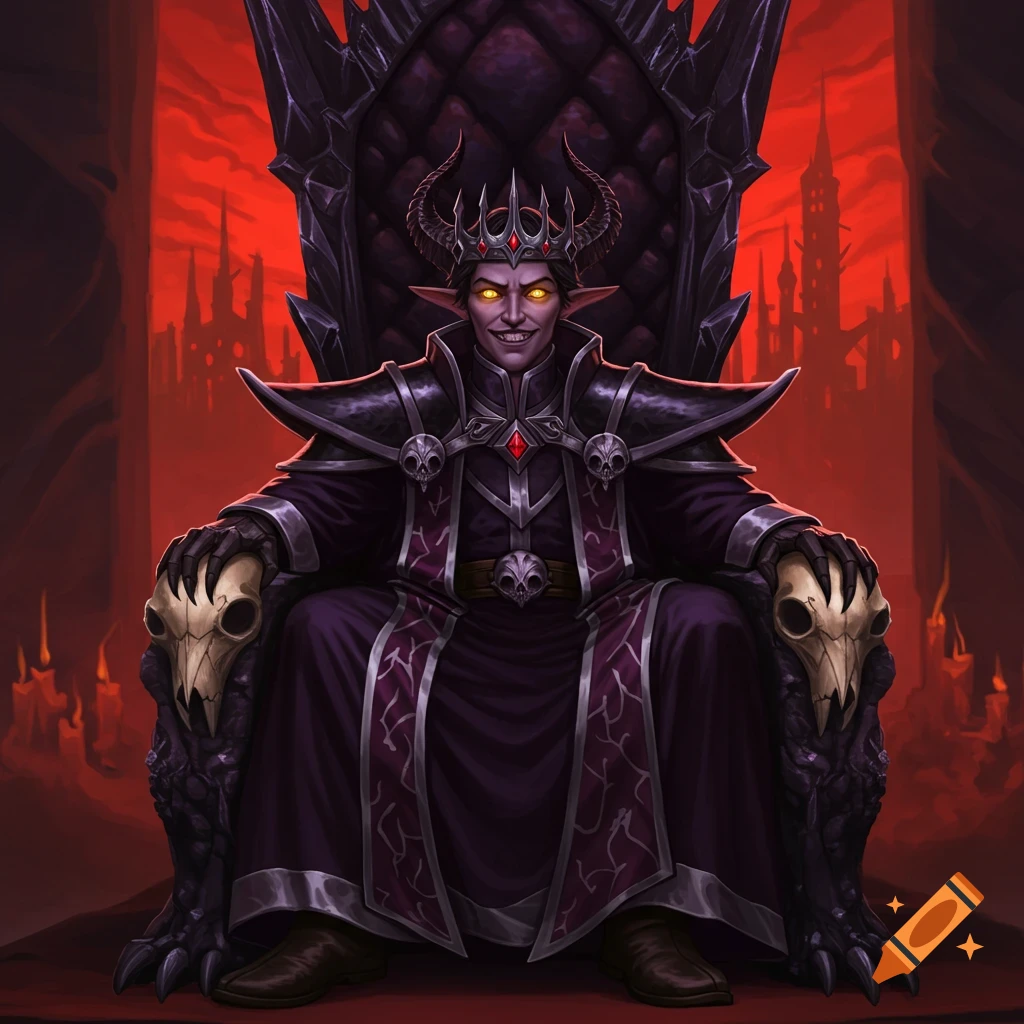 An evil king with horns and glowing eyes sitting on a spiked throne in a dark setting.