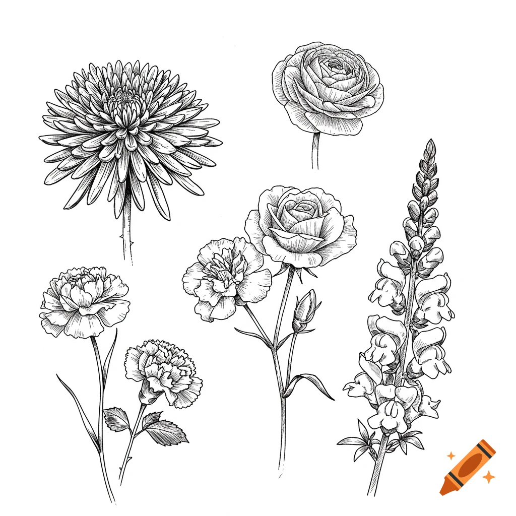 Black and white sketch drawings of six different flowers