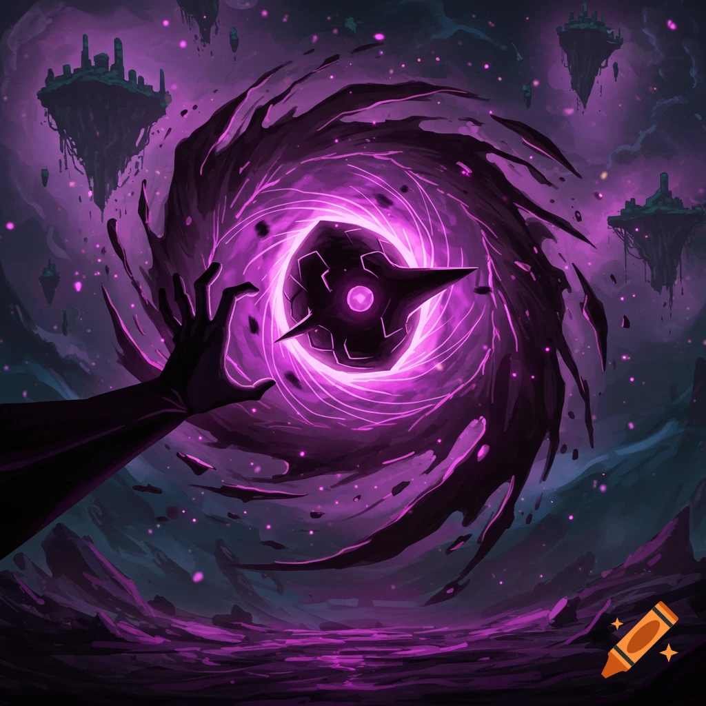 A hand reaches towards a swirling purple vortex with floating islands in the background. Digital art.
