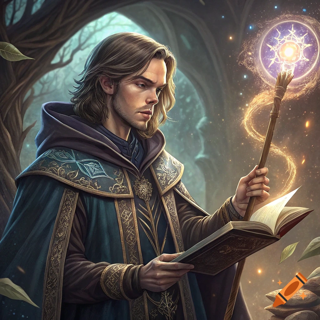 A fantasy illustration of a man in ornate robes reading a book and holding a glowing staff in a forest.