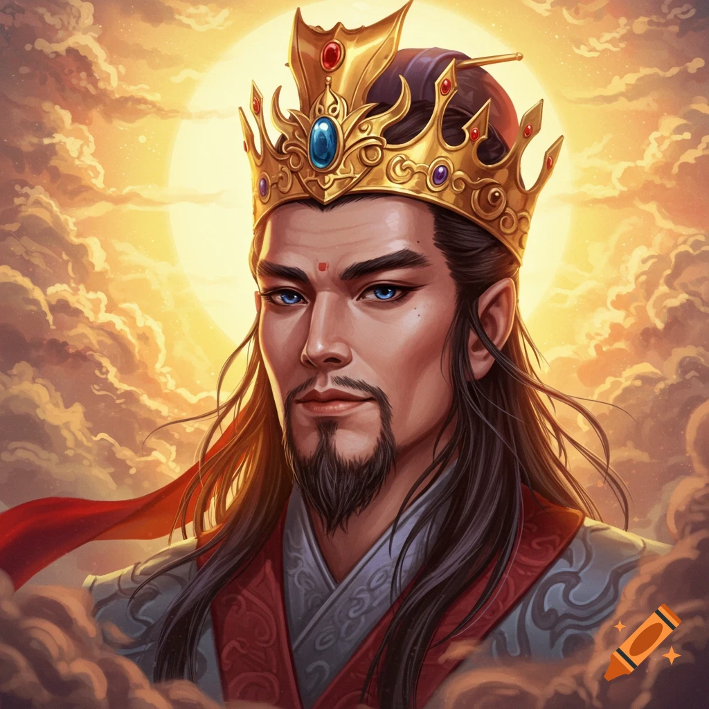A man with a golden crown, beard, and blue eyes is surrounded by clouds and sunlight.