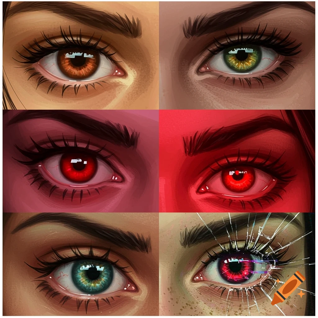 Close-ups of six different eyes with various colors and effects, including red, green, brown, glowing red, and a glitching eye in a cracked mirror.