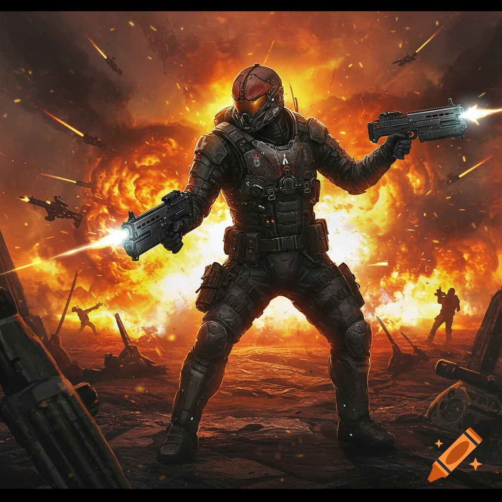 A futuristic soldier in armor fires weapons during a battle with explosions