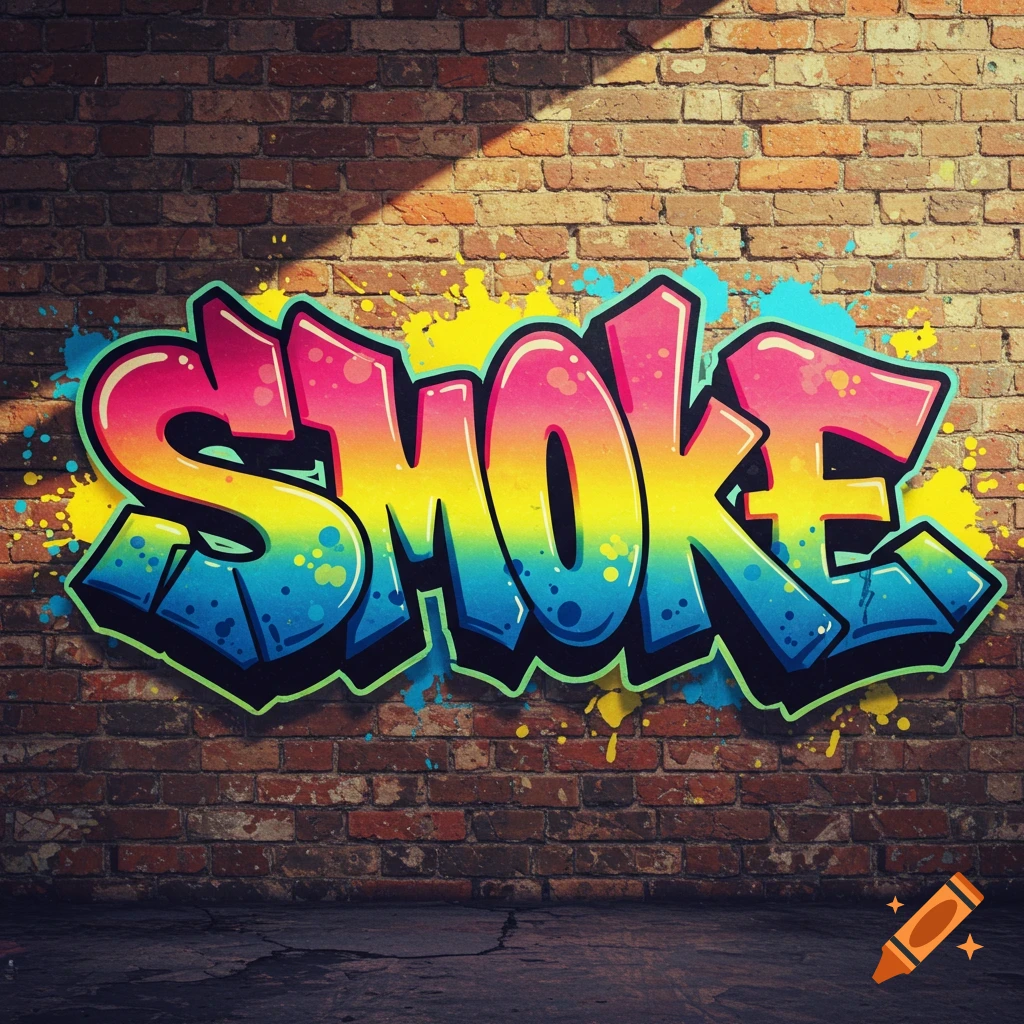 Colorful graffiti of the word SMOKE on a brick wall.