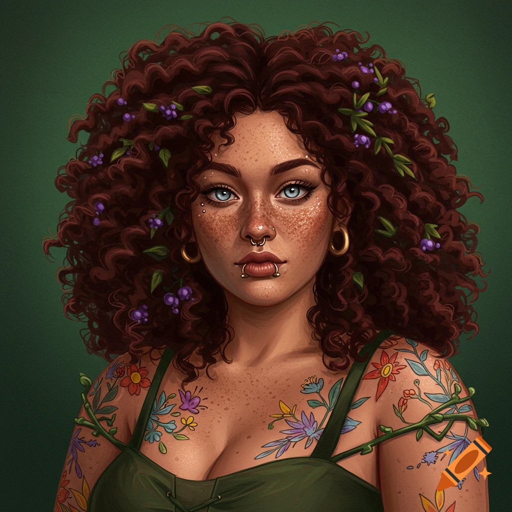 Illustration of a woman with curly hair, freckles, piercings, and floral tattoos.