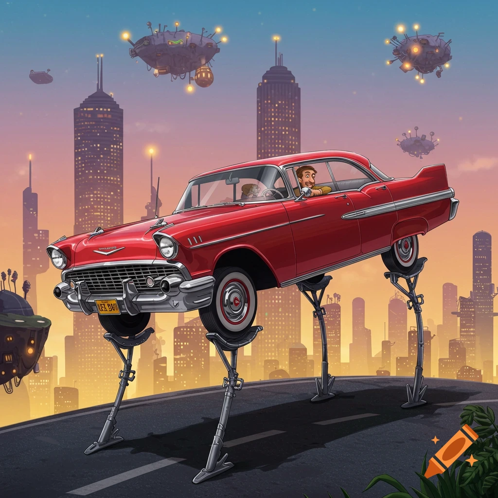 A man in a red car on stilts driving over a futuristic city with flying saucers.