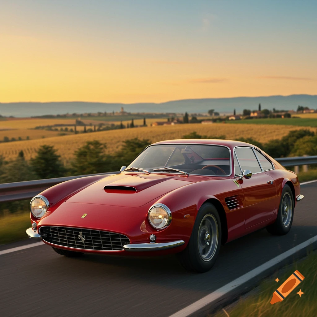 A red vintage car drives on a road through a sunny landscape.