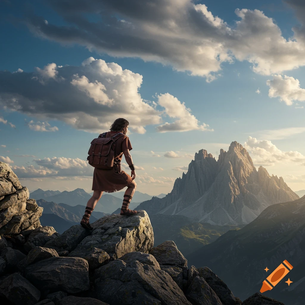 Ancient traveler with a backpack standing on a rock overlooking a mountain valley and jagged peaks.