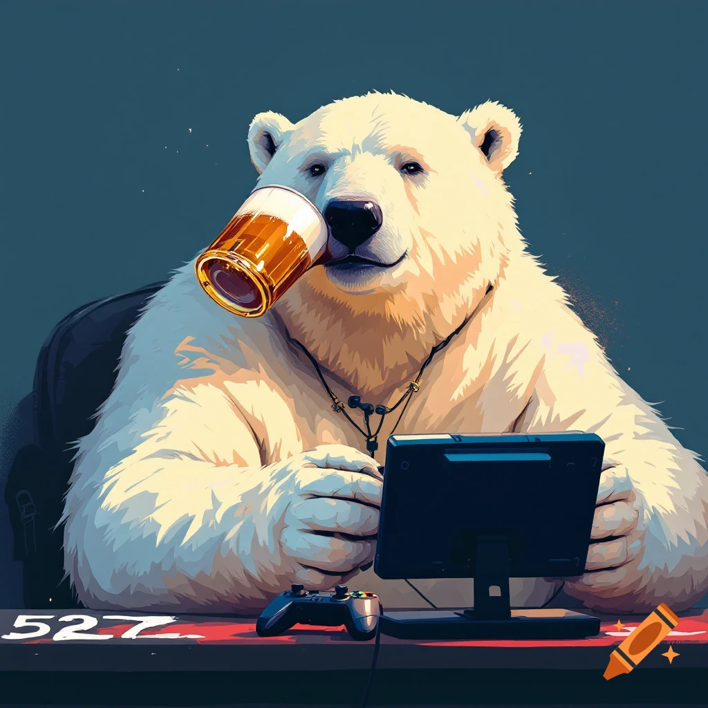 A polar bear sits at a desk, drinking from a glass and playing video games. Text '527' is on the desk.