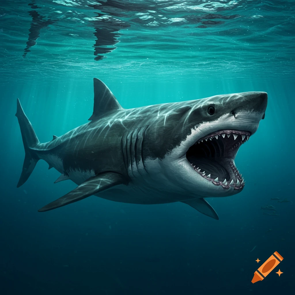 A large shark swims underwater with its mouth open.
