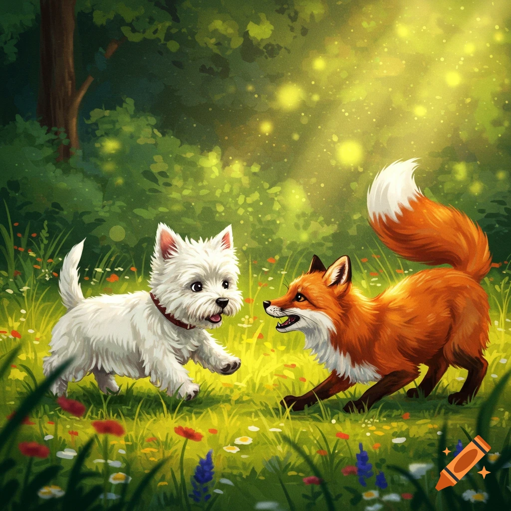 A white dog and a fox playing in a sunny forest clearing filled with flowers.