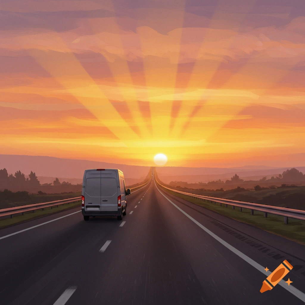 A white van driving on a highway towards a vibrant sunrise