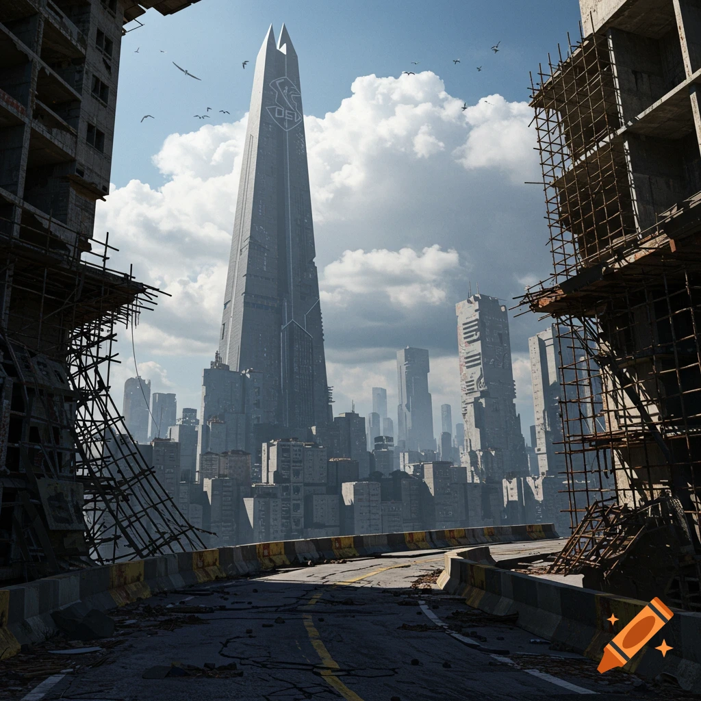Dystopian cityscape with a large futuristic skyscraper towering over ruined buildings and a crumbling road.