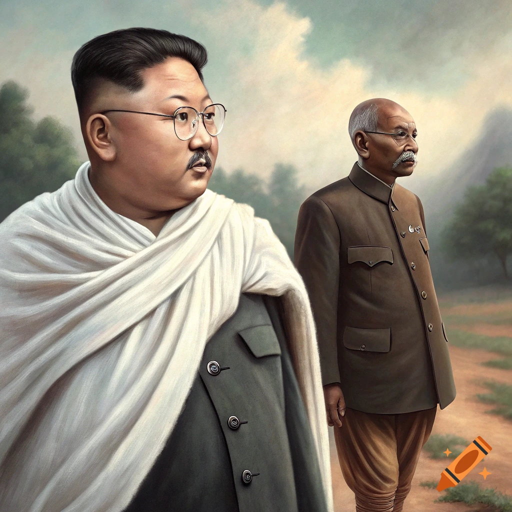 Painting of Kim Jong Un and Gandhi standing outdoors