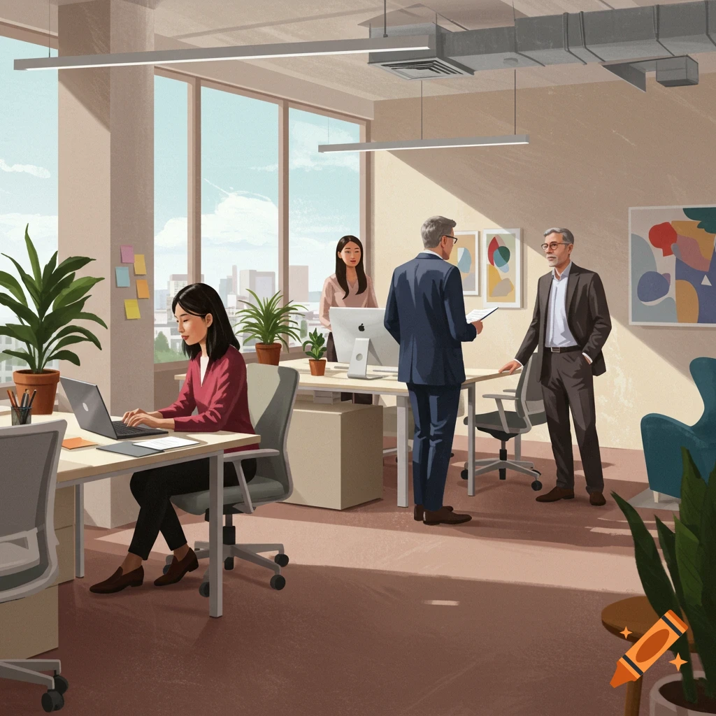 People are working in a sunny office with large windows and plants.