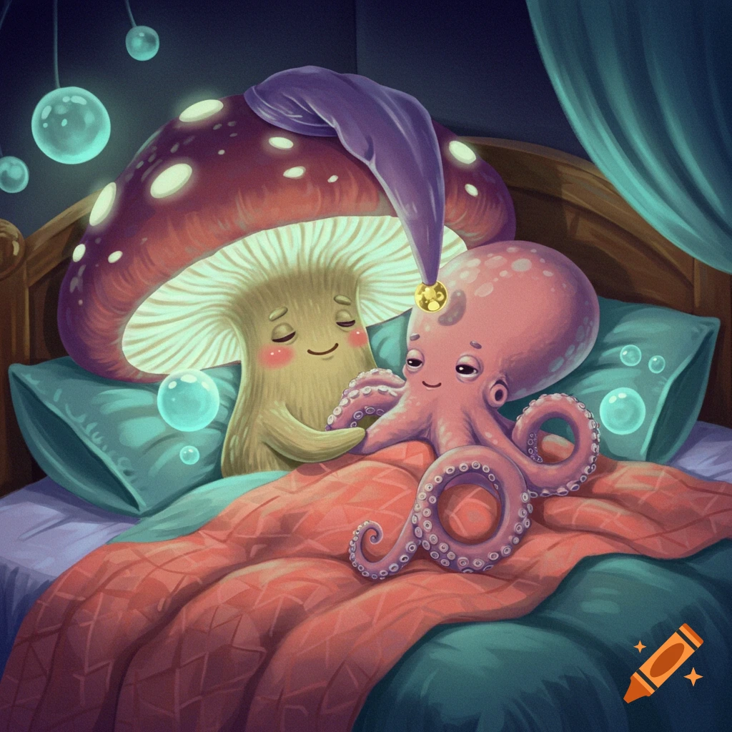 A cute mushroom and octopus snuggling in a bed.